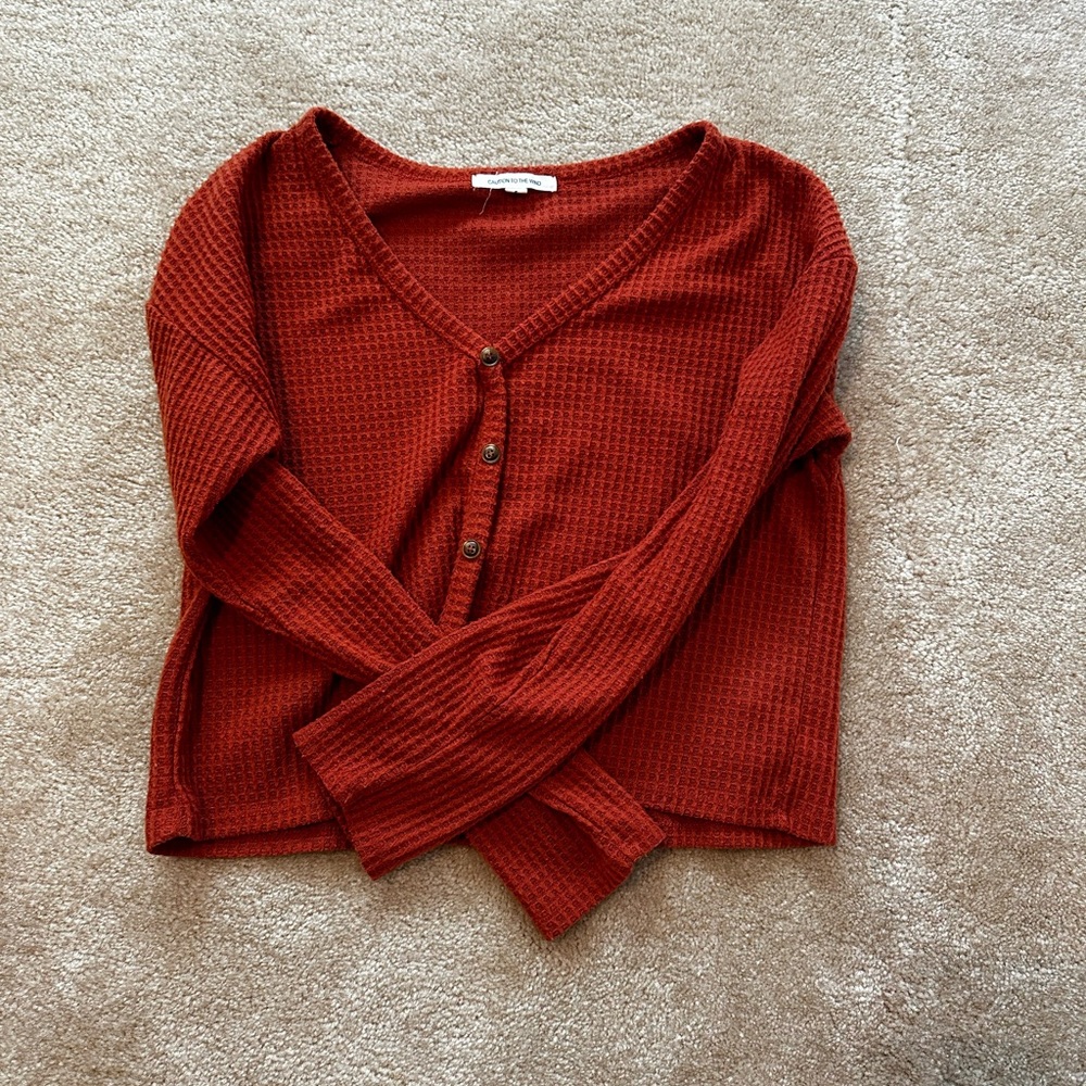 Cropped lightweight waffle knit long sleeve